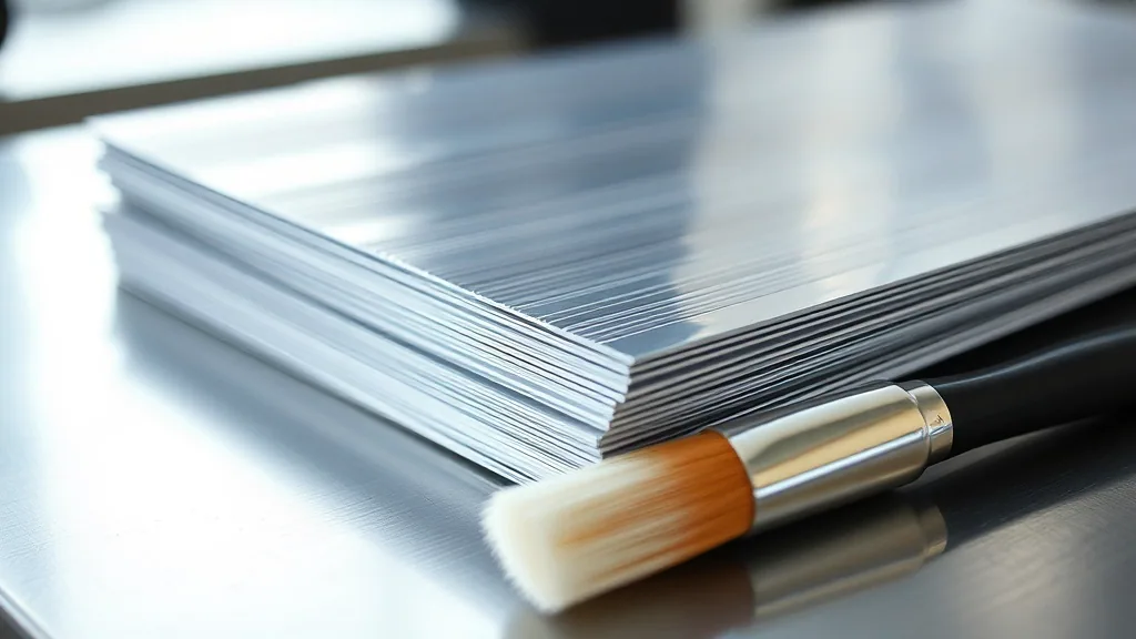 A fanned stack of plain silver foils and a tinting brush lying on a stainless trolley top, close and shallow focus.