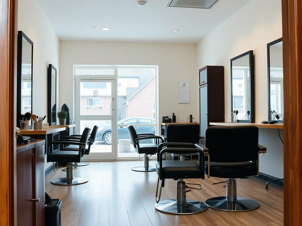 The inside of a small salon seen from the door, black styling chairs on chrome bases facing wall mirrors, a glazed shopfront letting in flat daylight.