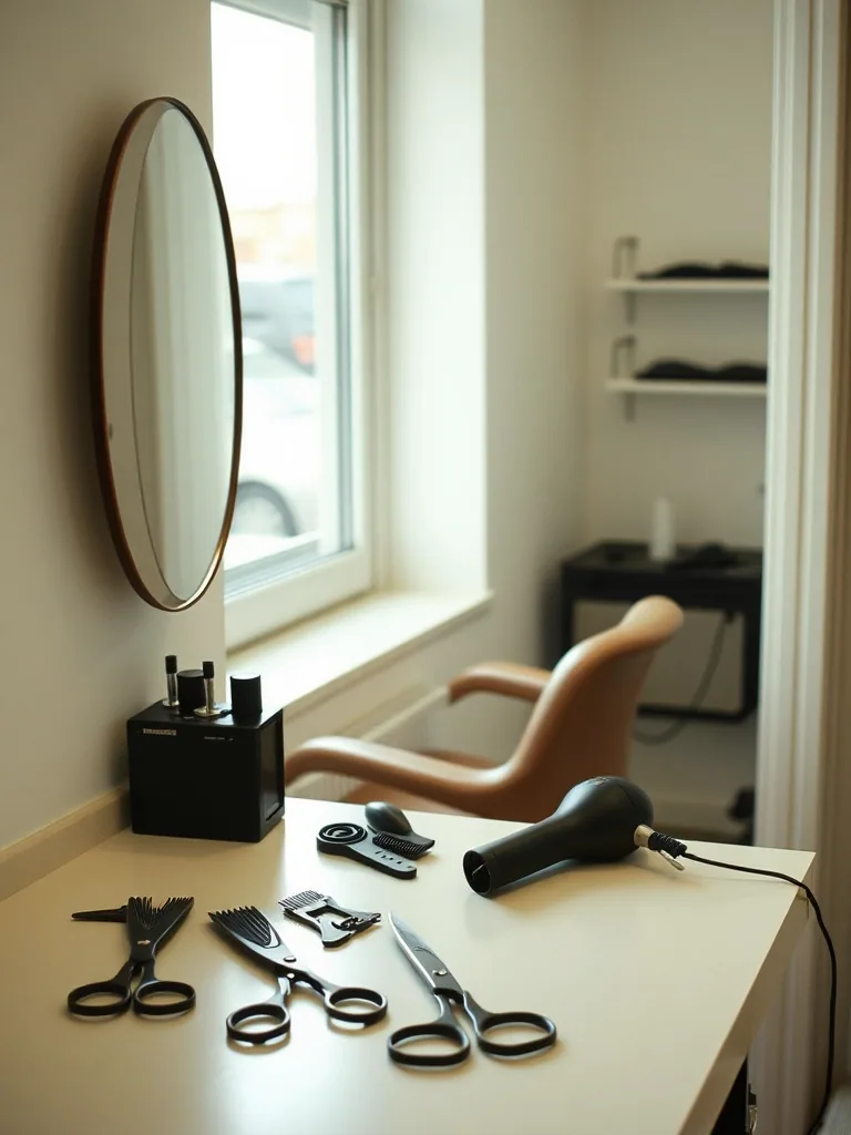 One styling station with a round mirror above it and scissors, combs, clips and a dryer laid out along the pale counter.